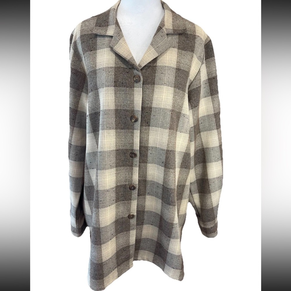 Bon Worth ladies 1990/Y2K beige gray plaid tunic blouse size Medium EUC beach
